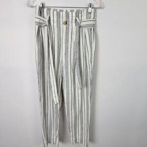 Madewell Paperbag Pants Women's 00 White Striped Pleated Belted High Rise Crop